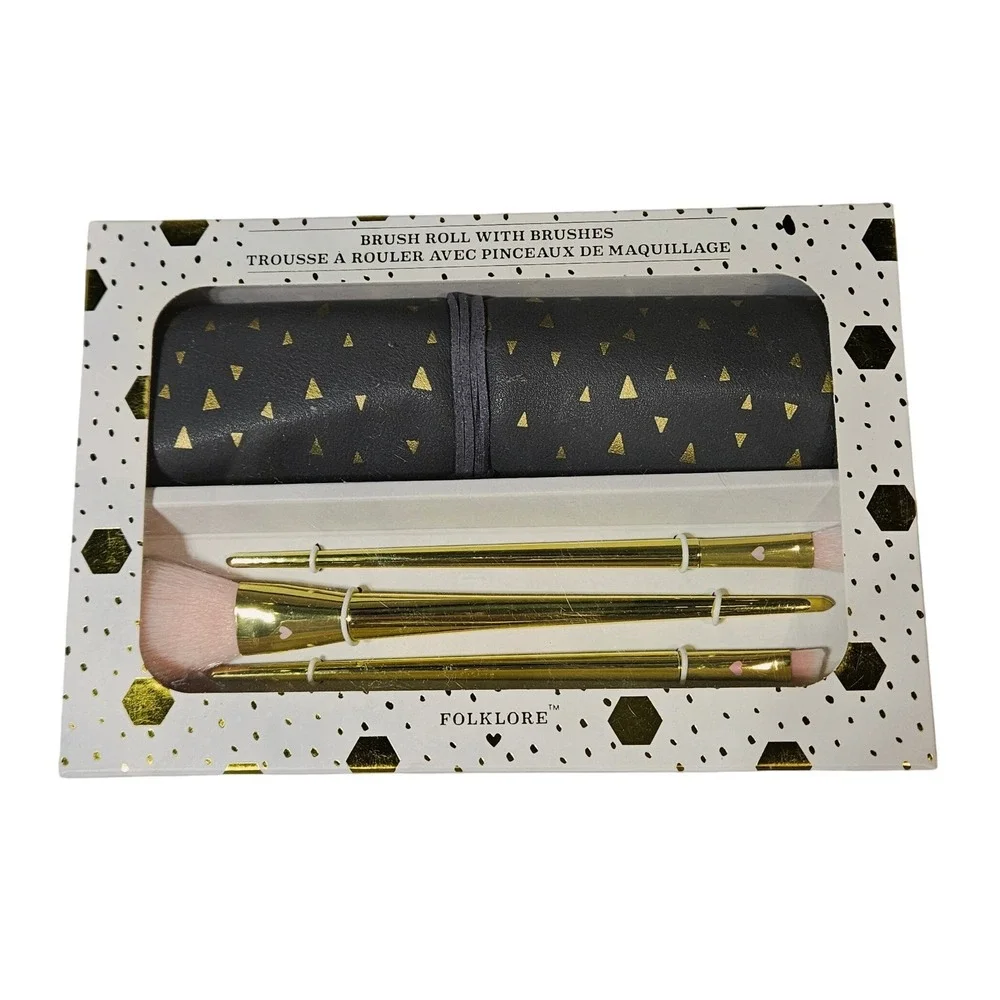 Folklore Makeup Brush Roll 4pc Gold Brushes Set NIB Gift Beauty Cosmetics Travel